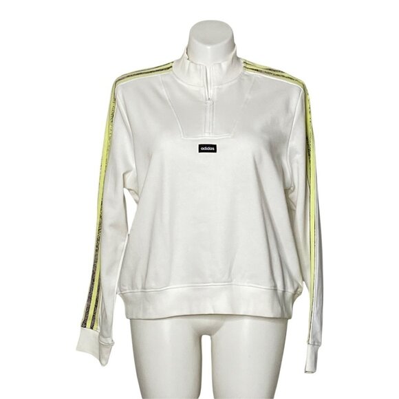 Adidas NWT White Half-Zip Sweatshirt Neon Yellow Logo Stripe Sleeves Women's 2XL - Picture 2 of 11